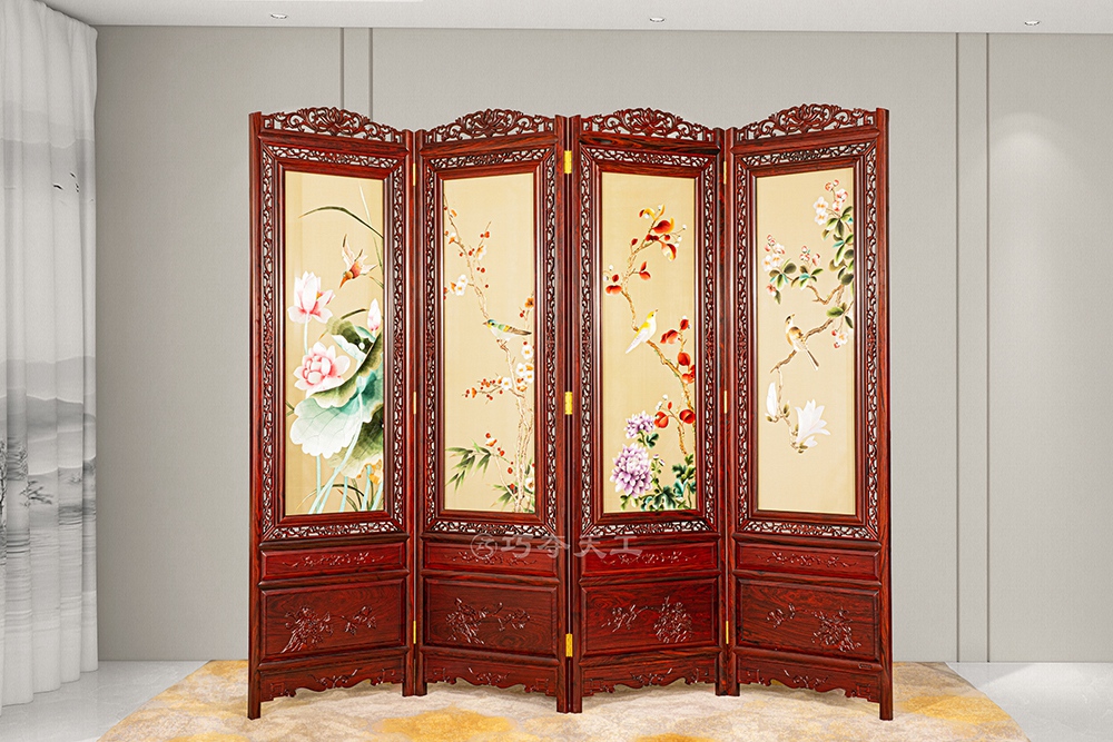 苏绣雕花四条屏（花鸟）