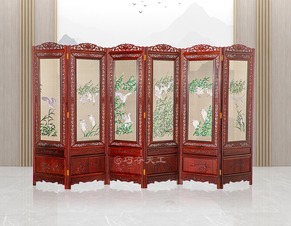 苏绣六扇屏（白鹭）